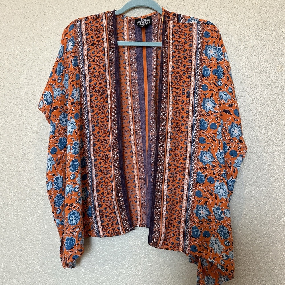 Angie Kimono Cardigan sz Medium Orange Blue Floral Boho Open Front beach